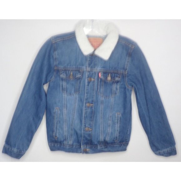 LEVI’S Youth Kid Size Medium 10-12 Sherpa Lined Trucker Denim Jacket Vintage - Picture 3 of 5
